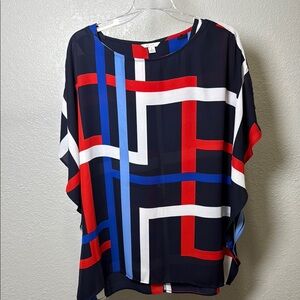 Red and White Oversized Boxy Blouse with Short Sleeves